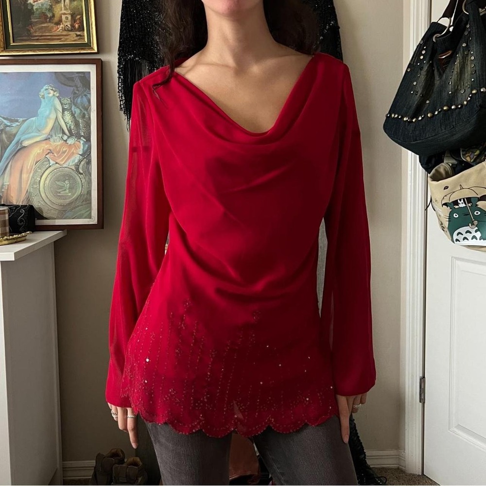 Dawn Joy Evening Red Cowl Neck Beaded Hem Long Sleeve Top Y2K Medium